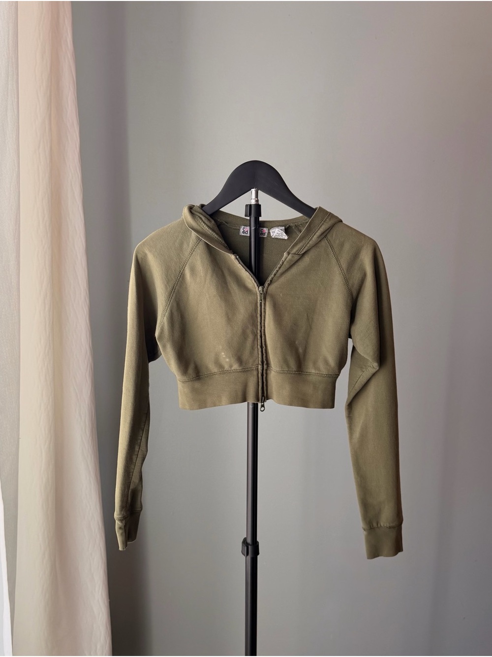 Vintage Y2K Cropped Zip Up Hoodie Olive Green 100% Cotton Medium Streetwear 90s
